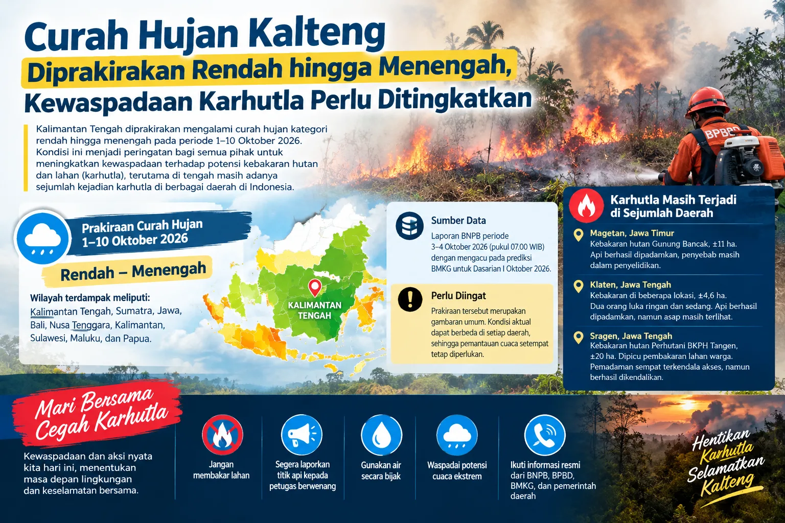 Curah Hujan Kalteng Diprakirakan Rendah hingga Menengah, Kewaspadaan Karhutla Perlu Ditingkatkan
