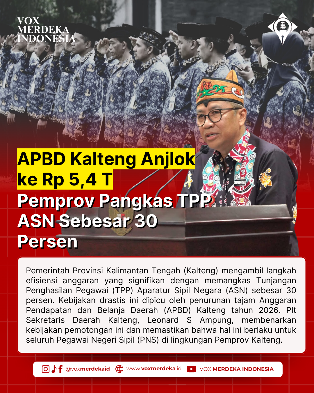 APBD Kalteng Anjlok ke Rp 5,4 T, Pemprov Pangkas TPP ASN Sebesar 30 Persen